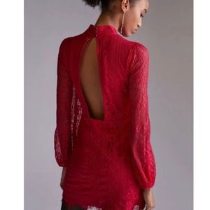 New Anthropologie red lace open back mini dress